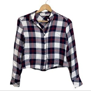 ZARA Women’s Size XS Plaid Crop Top Buttoned Front Collared Long Sleeve